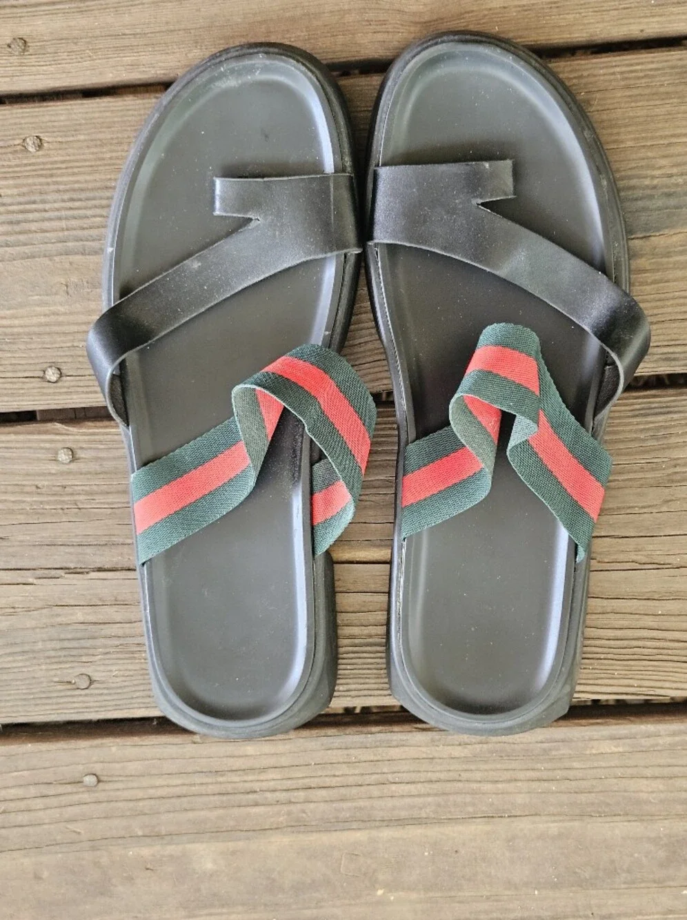 Luxury Men's Black Slide Sandals with Red & Green Striped Webbing Size 11